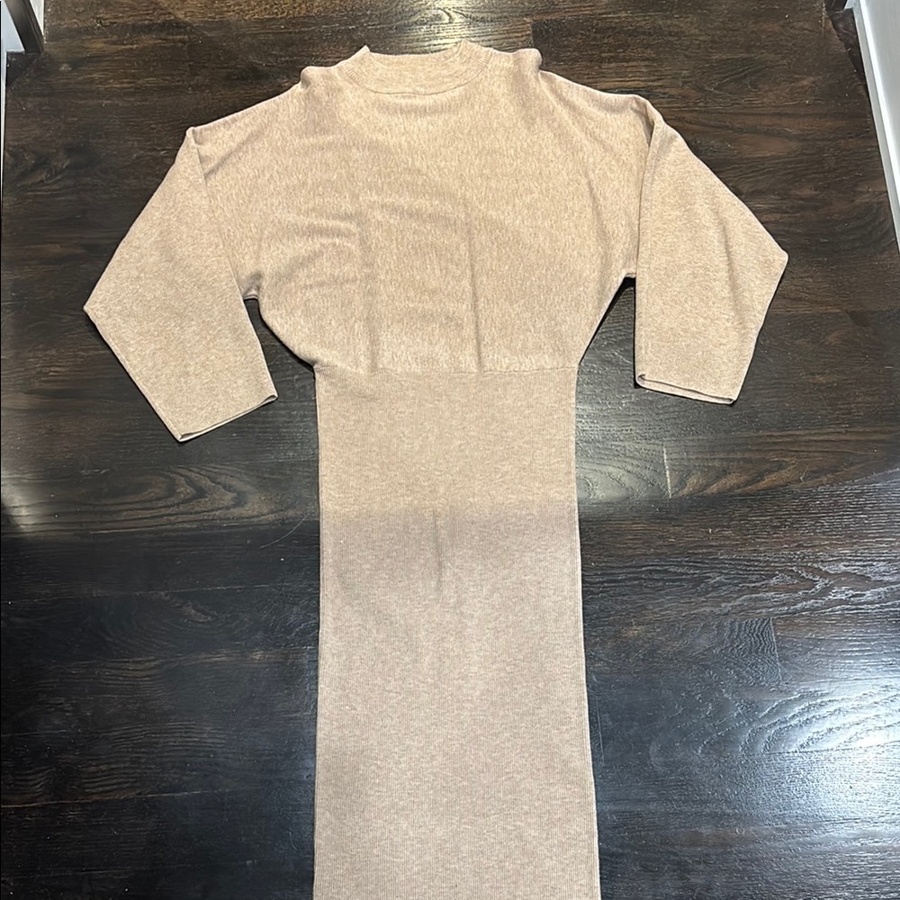 Mango Tan Ribbed Bodycon Dress with Mock Neck